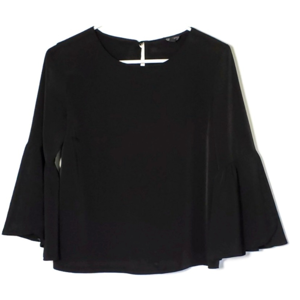 Topshop Blouse Black Split Bell 3/4 Sleeve Button Keyhole Women’s Top Size 2